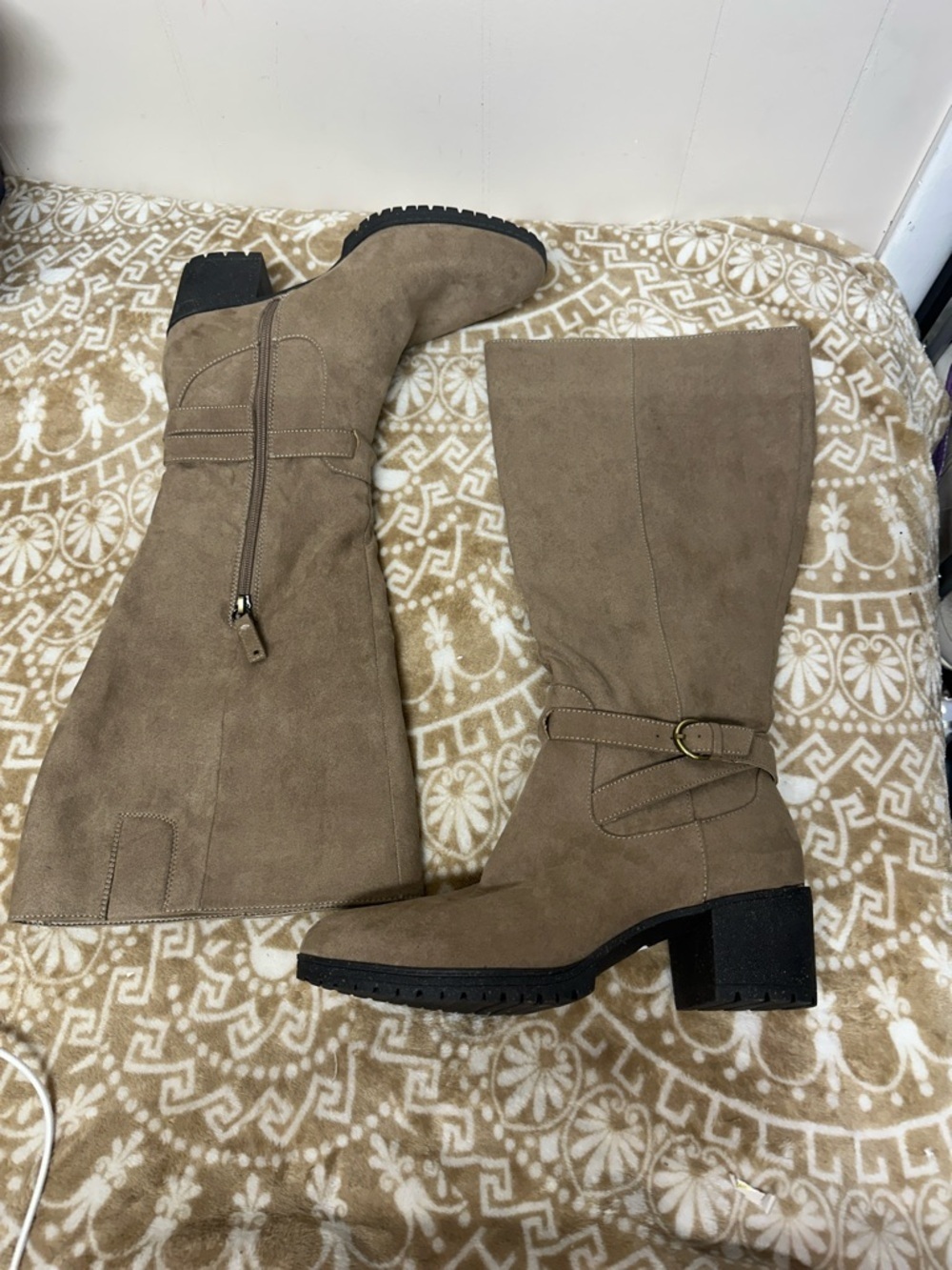 Dr. Scholl's Taupe Knee-High Block Heel Buckle Boots